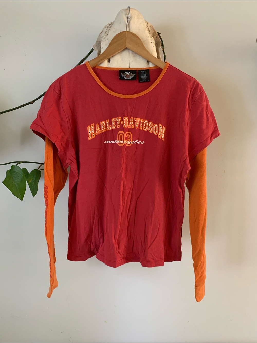 Harley-Davidson Red Tee with Orange Layered Sleeves